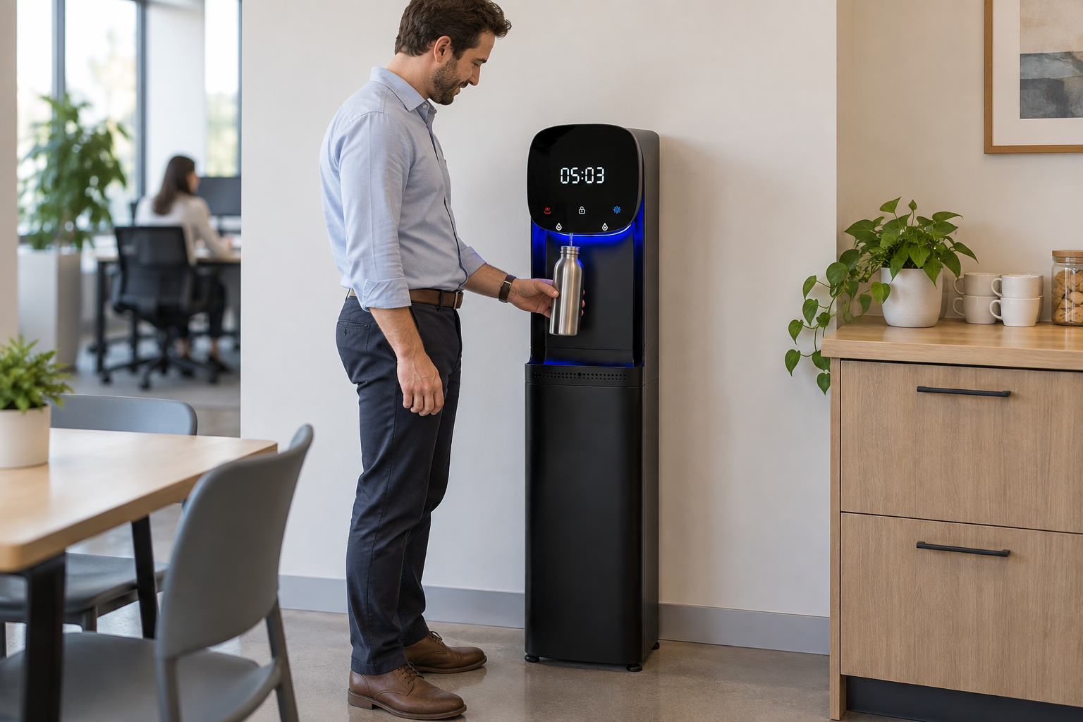 A bottleless dispenser being used beside an office kitchenette