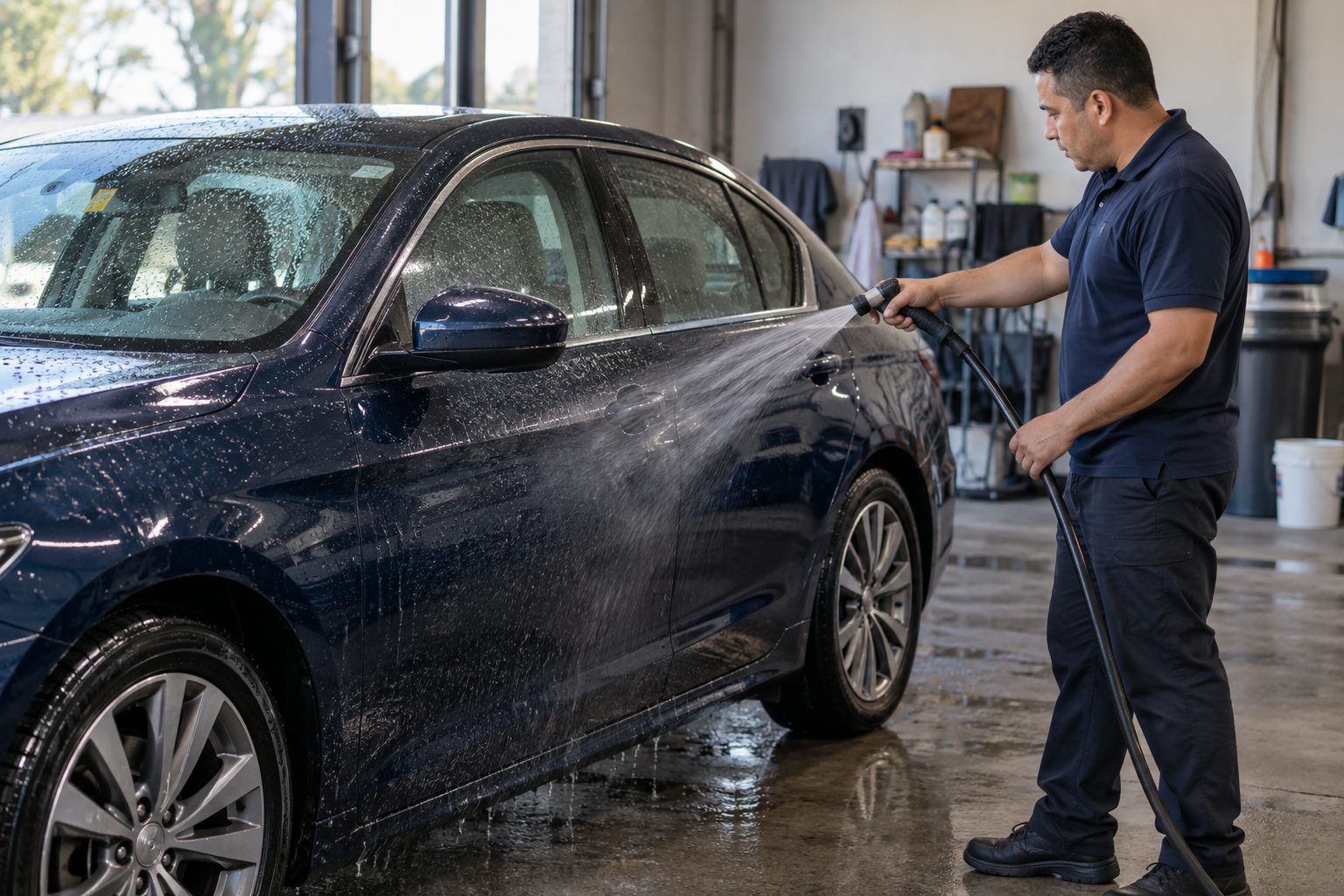 A vehicle detailer using water while washing a car