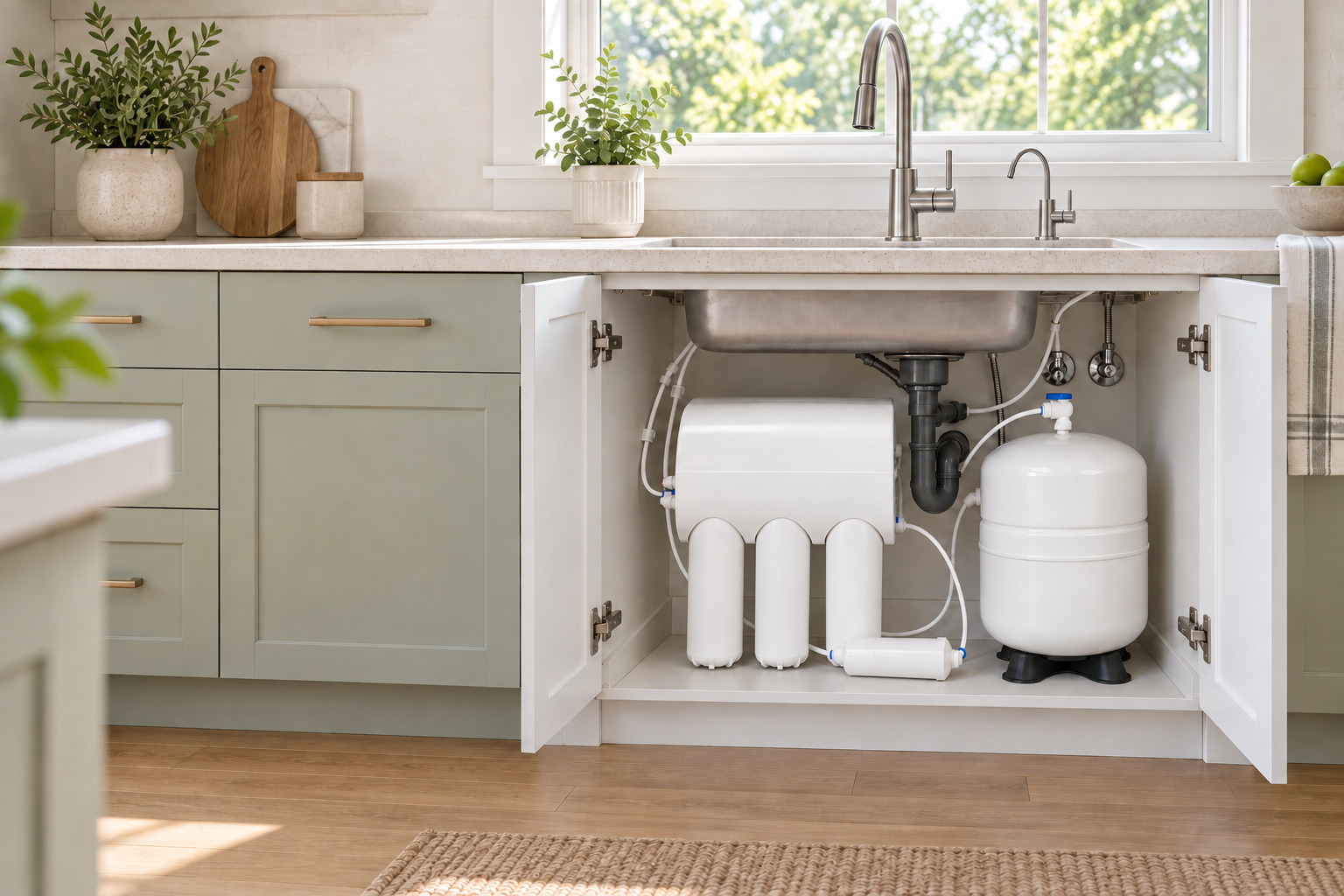 A kitchen installation with a compact dedicated drinking-water tap and visible under-sink reverse-osmosis assembly and tank