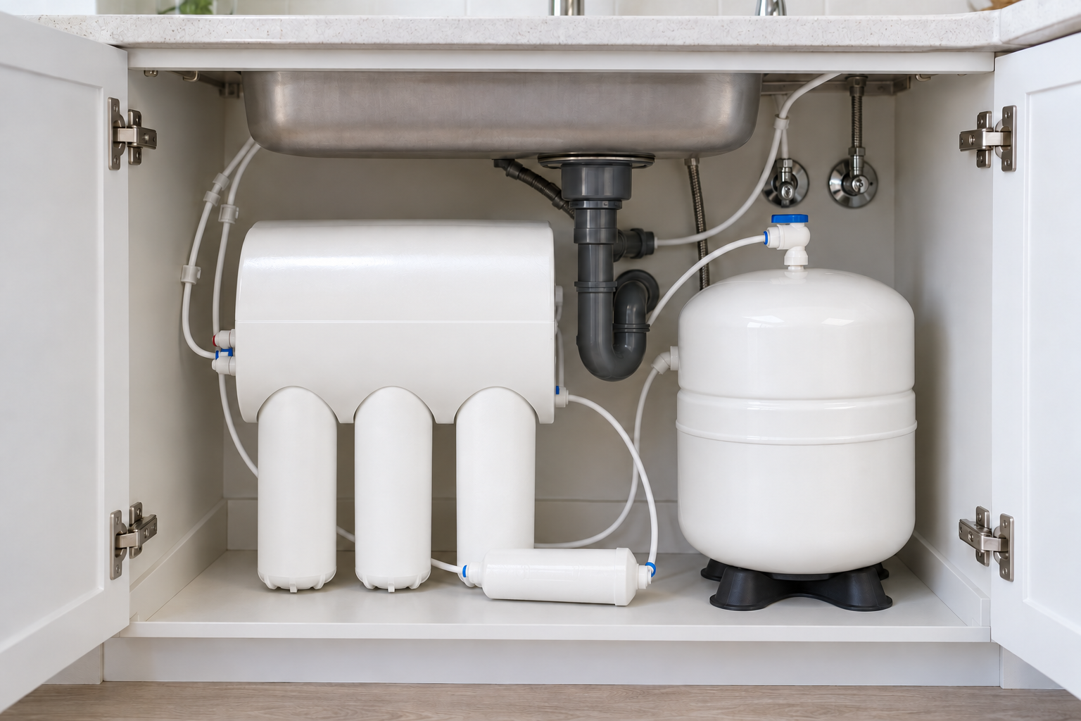 Three-cartridge reverse-osmosis assembly and separate storage tank inside an open sink cabinet