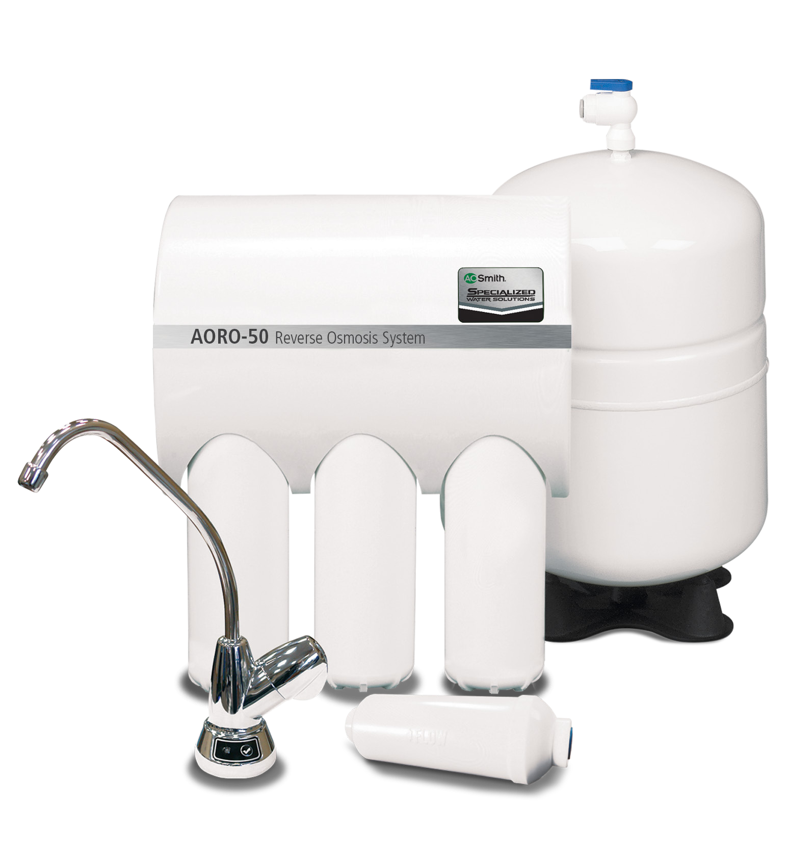 Supplier depiction of a reverse-osmosis filter assembly, pressure tank and separate drinking-water tap