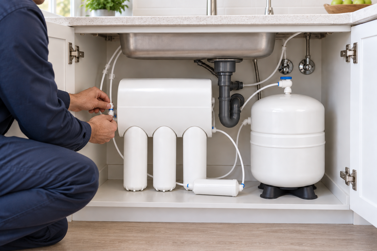 Filtration service work inside an open kitchen sink cabinet