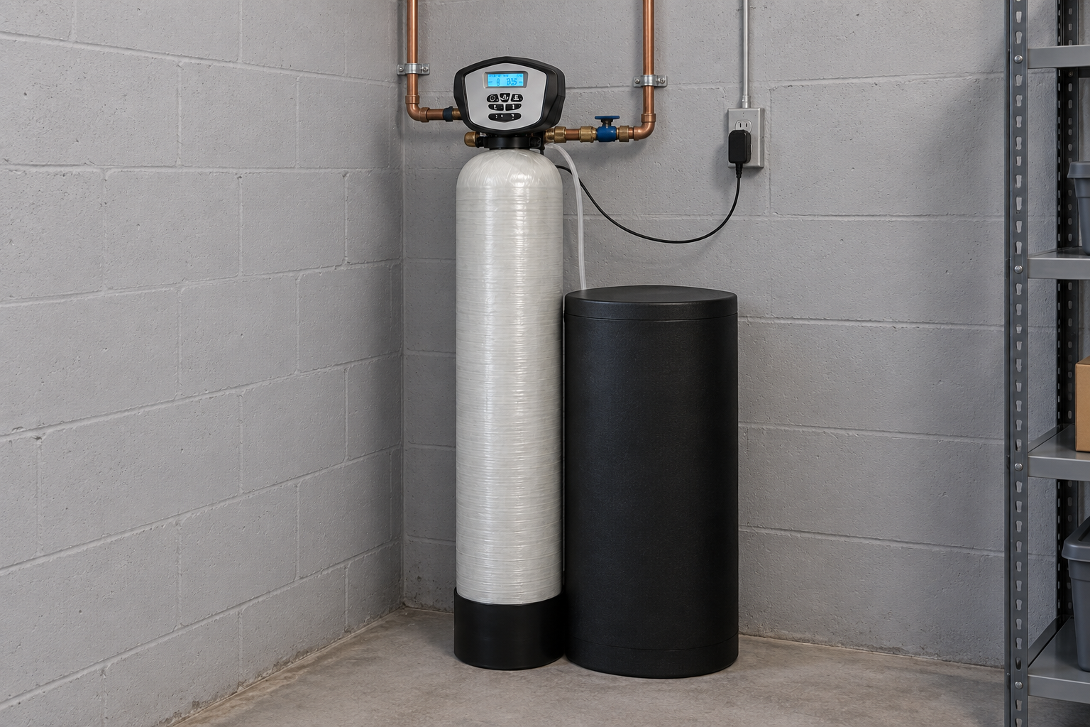 A complete water softener and brine tank in a clean utility space