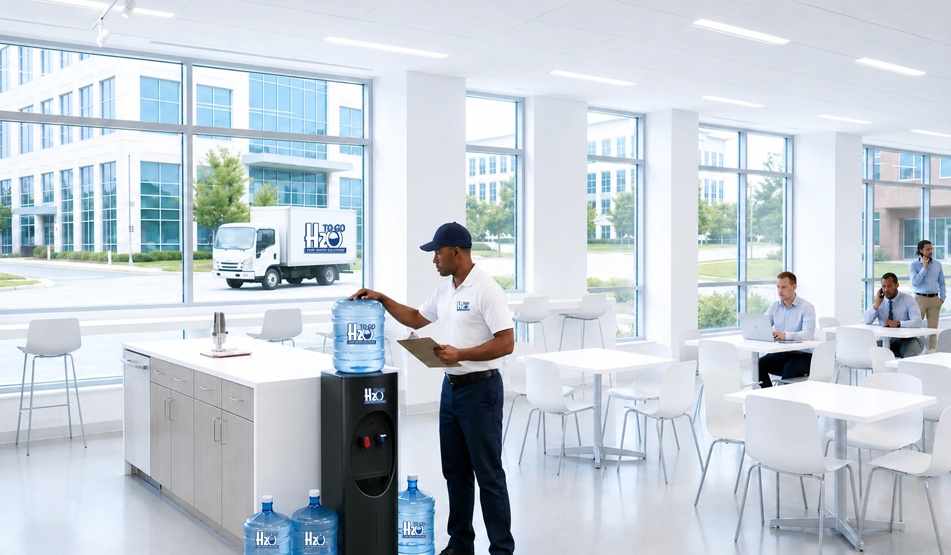 H2O to Go delivery driver setting up a water cooler in an office